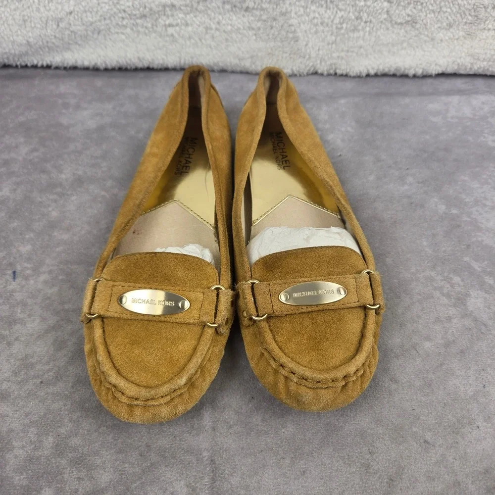 Michael Kors Tan Suede Leather Moccasin Flats Gold Logo Hardware Size 8M S2424